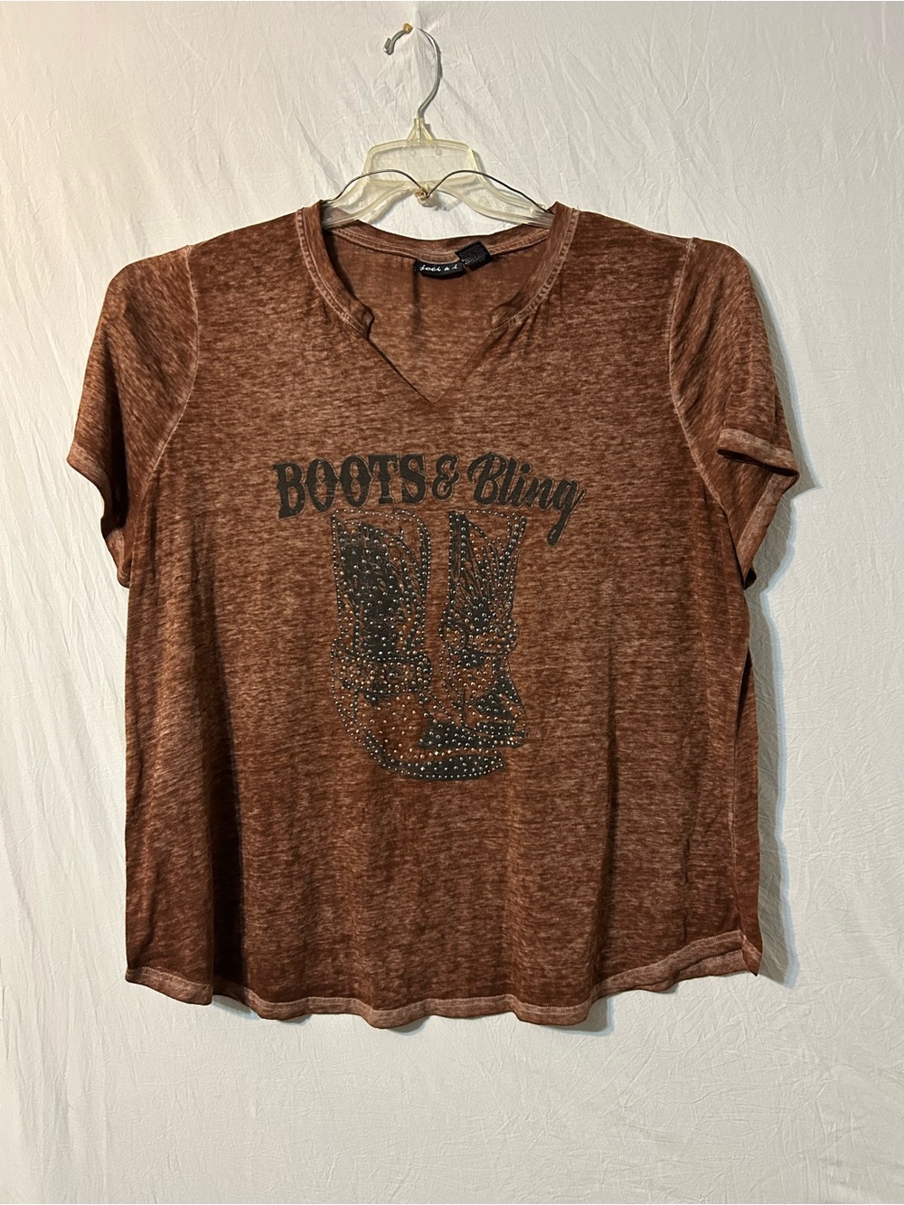 Boots & Bling Rust Brown Short Sleeve Tee Burn Out 3 XL Sparkle